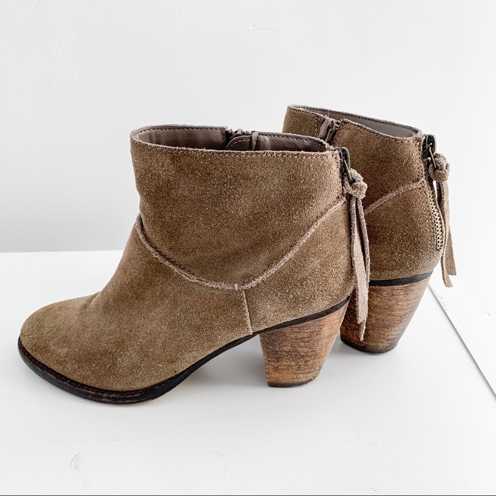 Taupe / tan color bootie with wood chunky heel